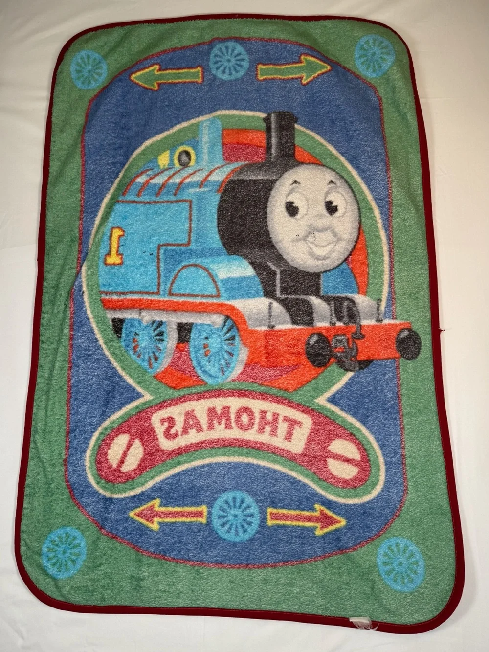 VINTAGE THOMAS THE TRAIN Fleece Throw Blanket 30x43 Blue Green Kids